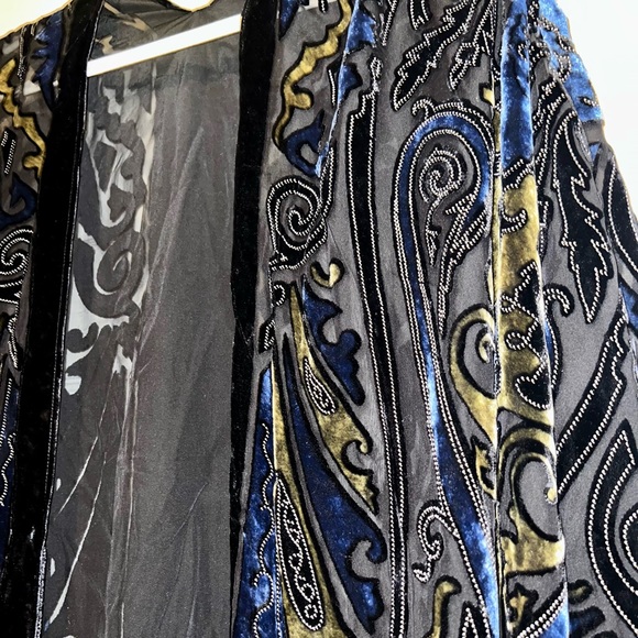 CHICOS Black Mesh and Velvet Fringe Short Kimono - Picture 3 of 4